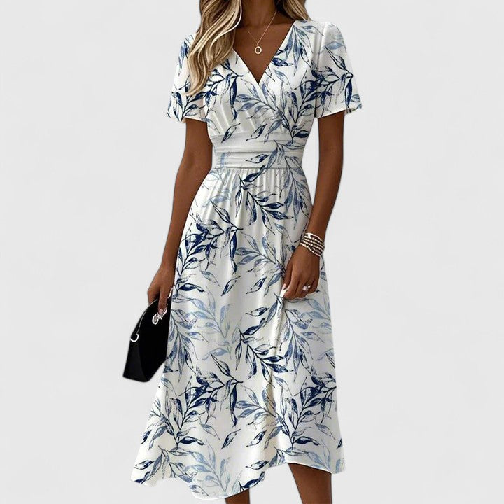 Sunio | Women's Lightweight V-Neck Summer Dress | Elegant Flattering Flared Dress view 2