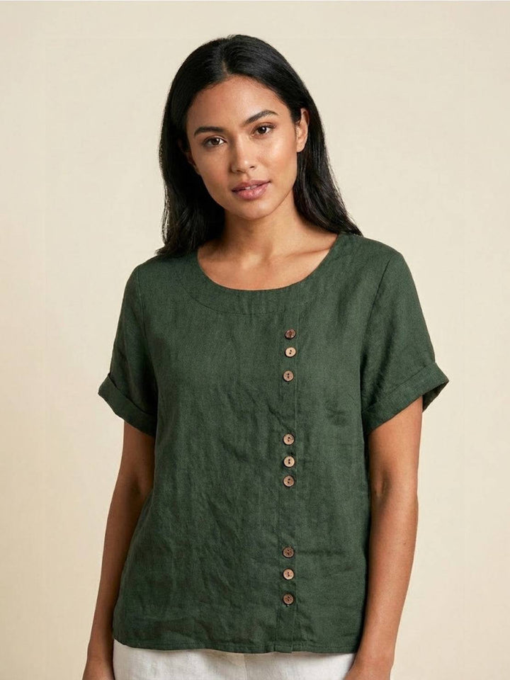 Women's Linen Blend Casual Top | Stylish Scoop Neck with Button Detail 0