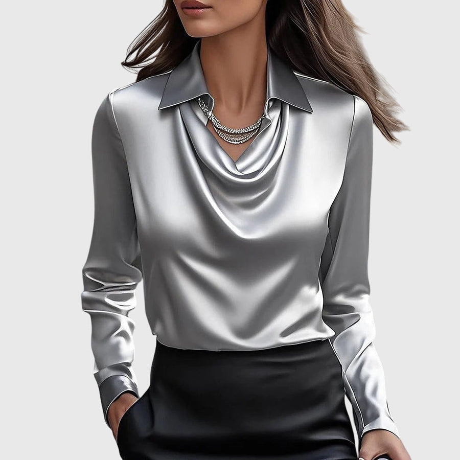 Zanni | Women's Luxe Shine Blouse | Elegant Draped Long Sleeve Top for Plus Size view 2