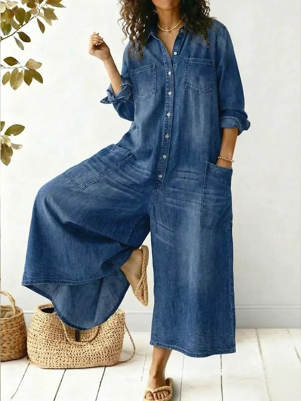Julia | Medium Wash Cotton Jumpsuit