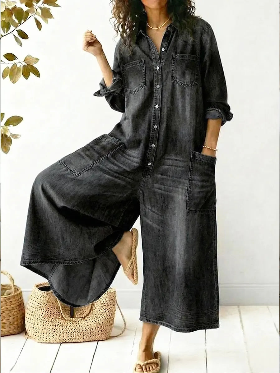 Julia | Medium Wash Cotton Jumpsuit view 2
