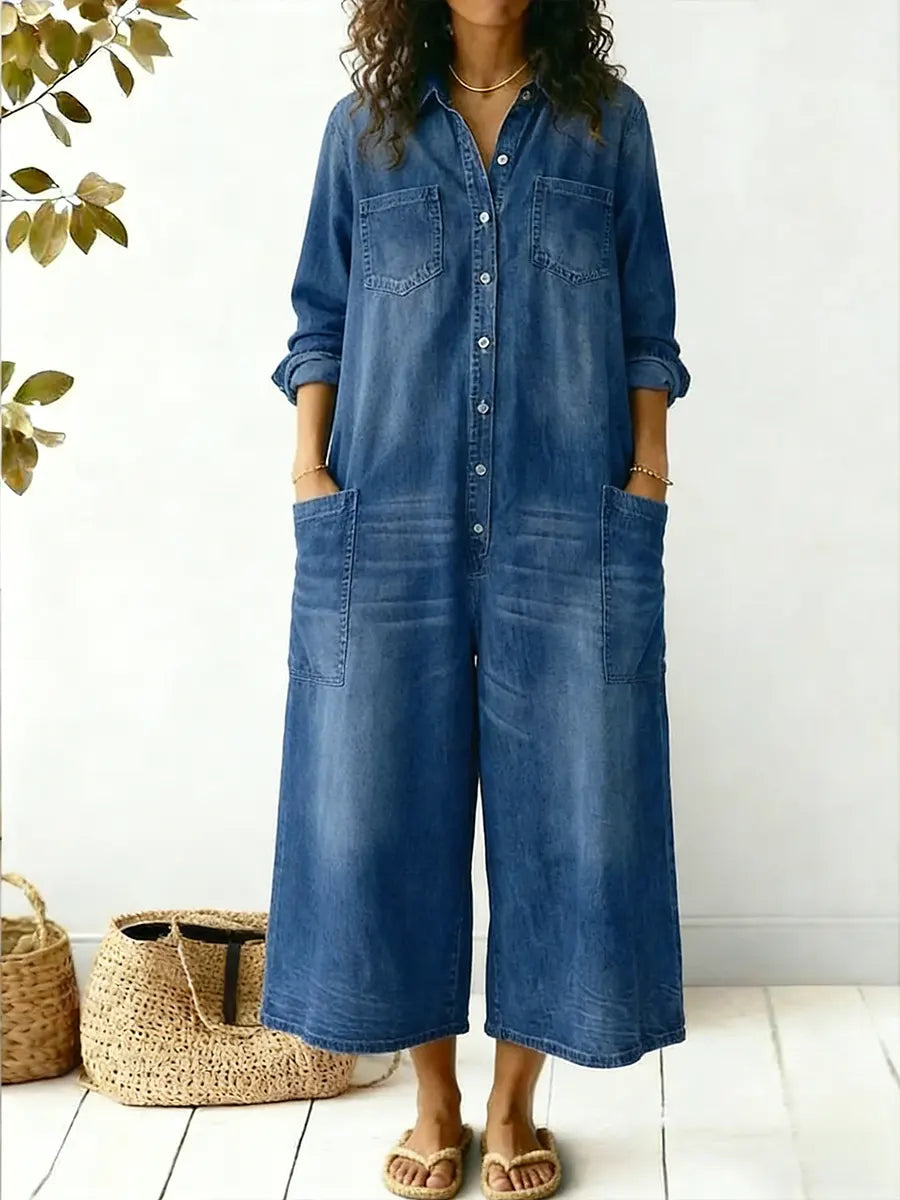 Julia | Medium Wash Cotton Jumpsuit view 3