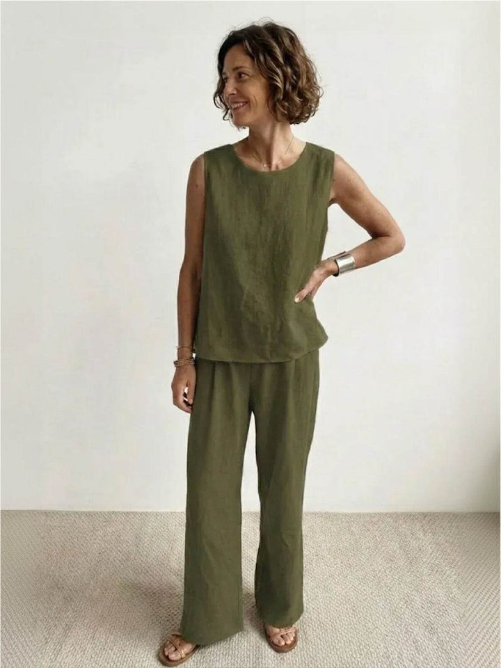 Women's Olive Green Sleeveless Tank Top and Wide-Leg Pants Set | Effortless Casual Style 0