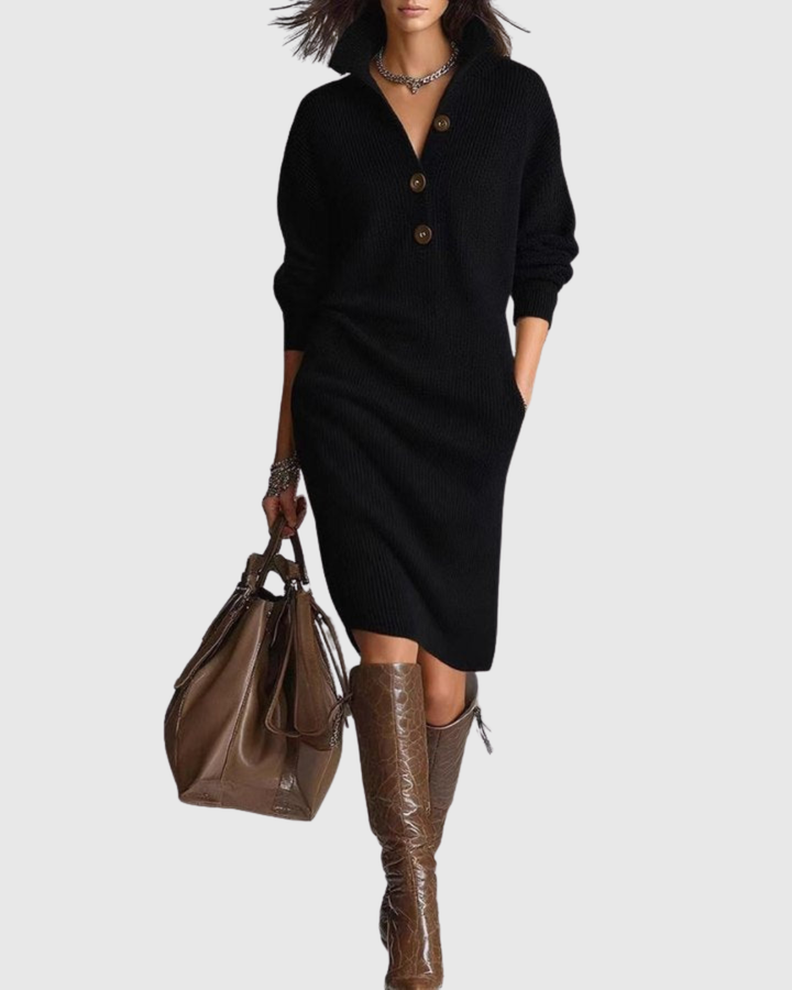 Women's Pure Wool Midi Dress | Elegant Ribbed Knit Winter Dress 0