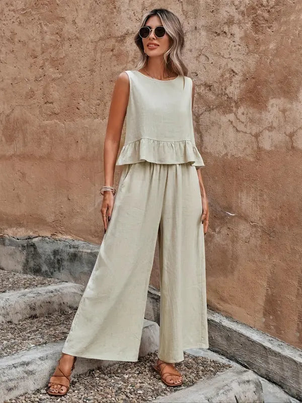 Charlotte | Women's Ruffle Hem Top and Wide Leg Pants Set