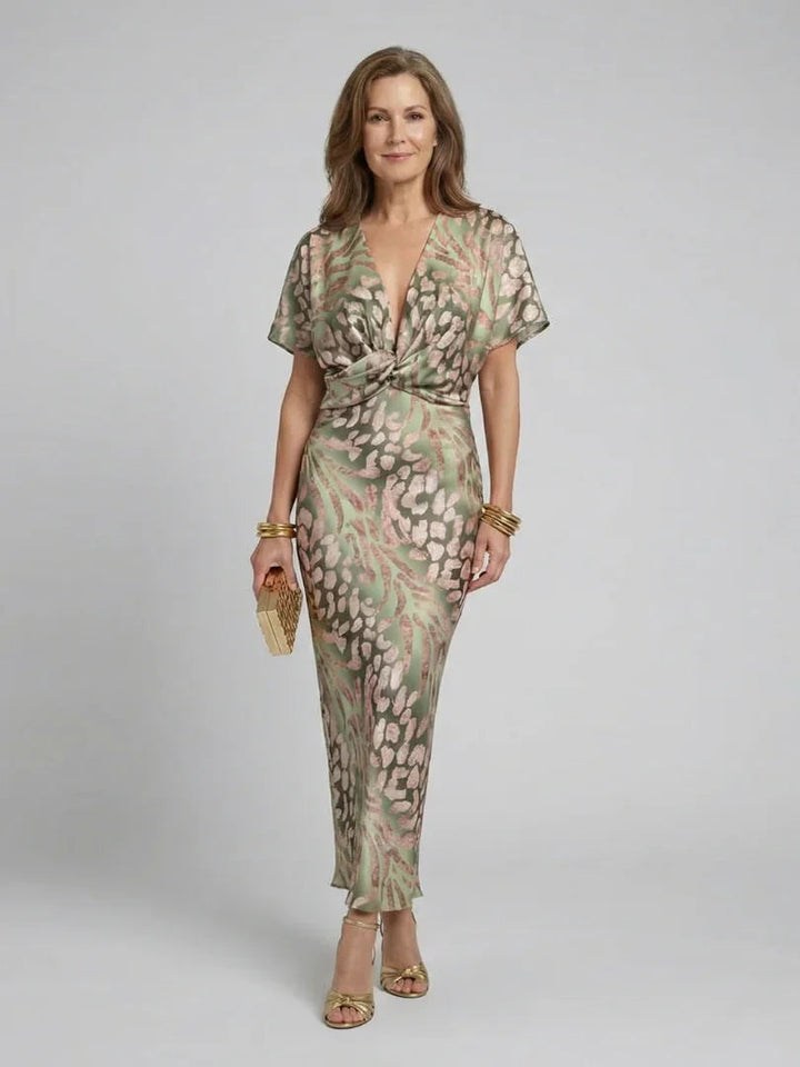 Women's Smooth Fabric Midi Dress | Elegant Abstract Print Short Sleeve Summer Dress 0