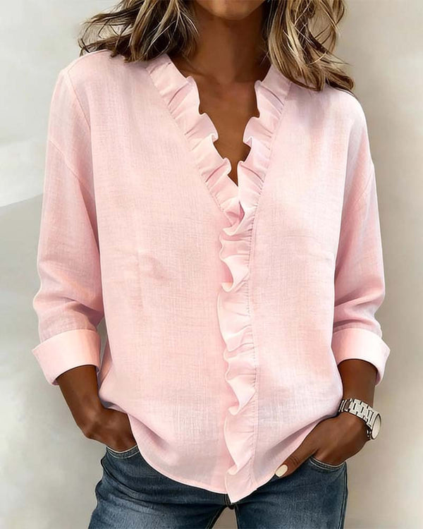 Chloe | Women's Soft Pink Ruffle V-Neck Blouse