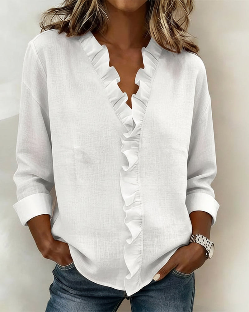Chloe | Women's Soft Pink Ruffle V-Neck Blouse view 2