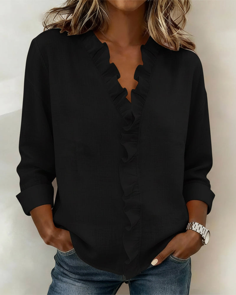 Chloe | Women's Soft Pink Ruffle V-Neck Blouse view 3