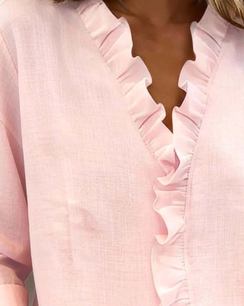 Chloe | Women's Soft Pink Ruffle V-Neck Blouse view 4