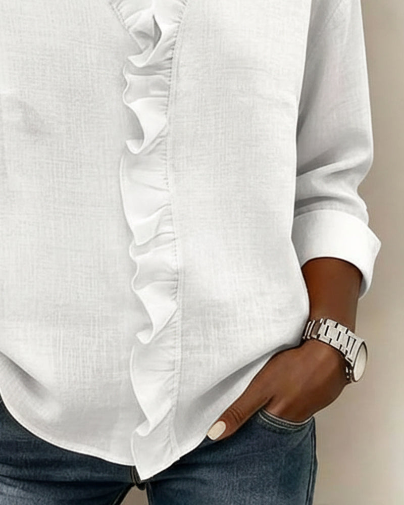 Chloe | Women's Soft Pink Ruffle V-Neck Blouse view 6