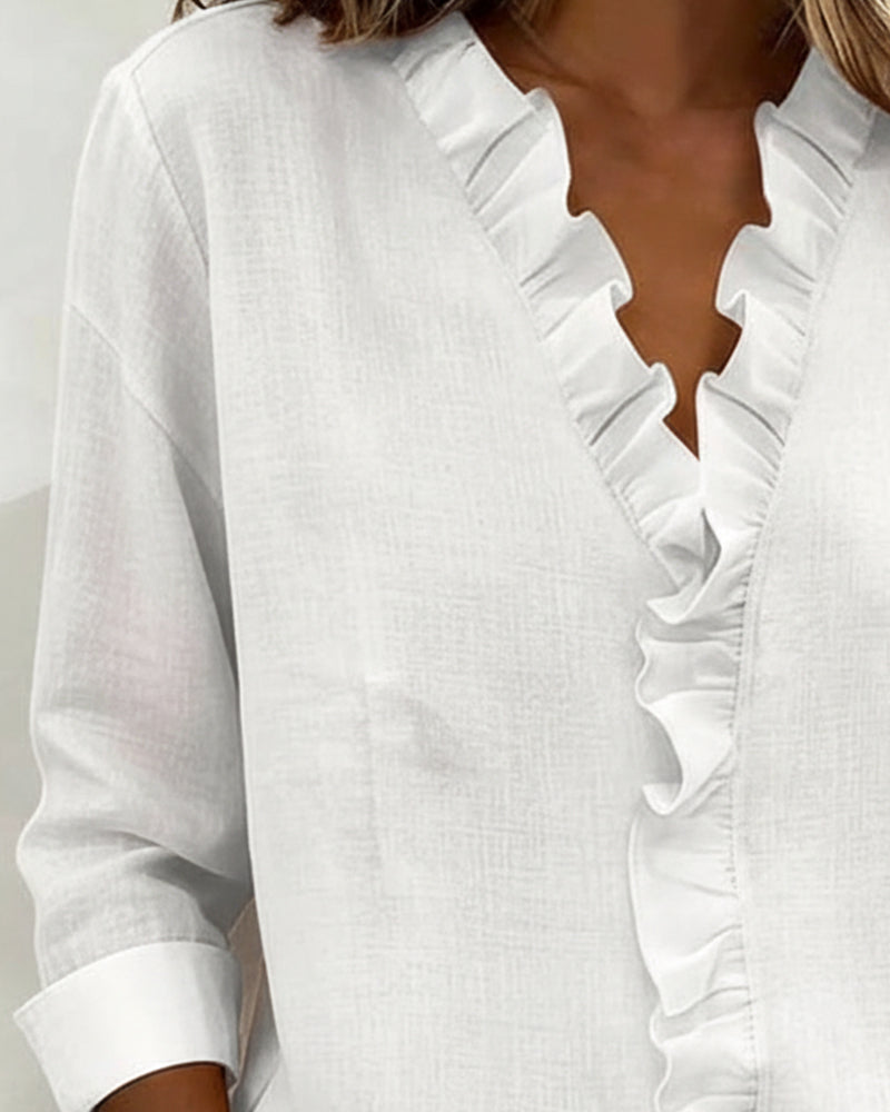 Chloe | Women's Soft Pink Ruffle V-Neck Blouse view 7