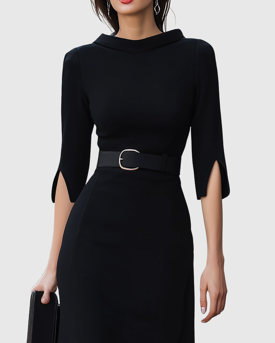 Lydia | Women's Structured Fabric Midi Dress | Elegant Black Cocktail Dress for Evening Wear view 3
