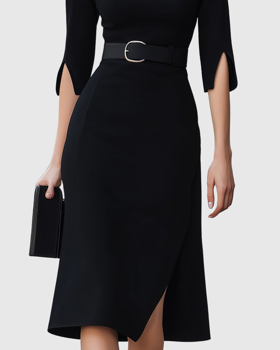 Lydia | Women's Structured Fabric Midi Dress | Elegant Black Cocktail Dress for Evening Wear view 4