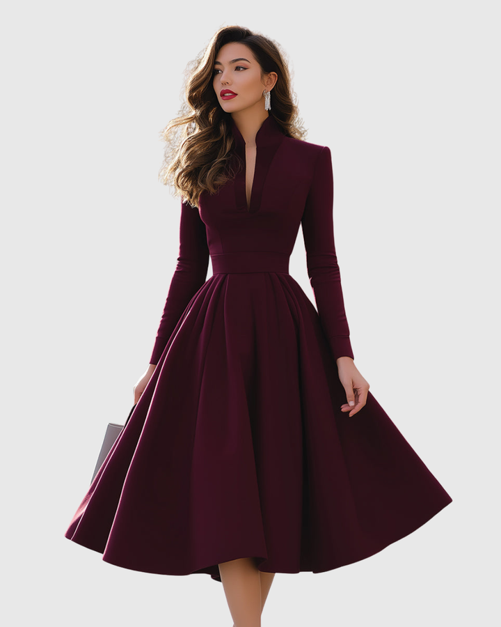 Women's Structured Midi Dress | Elegant V-Neck Evening Gown 0