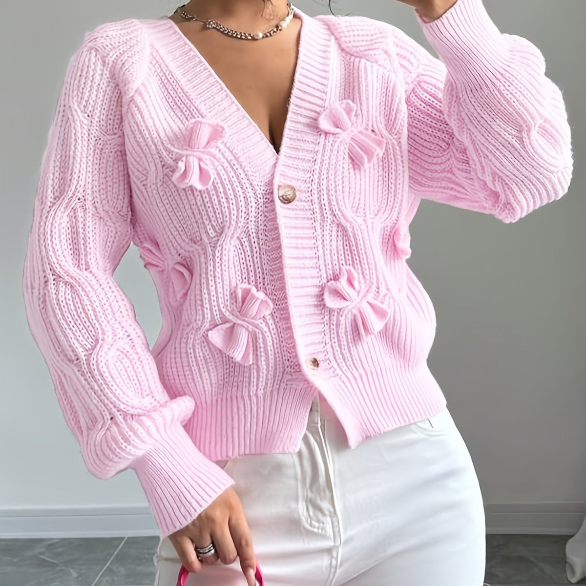Juniper | Women's Cardigan – Bow Detail Long Sleeve Button-Up Knit