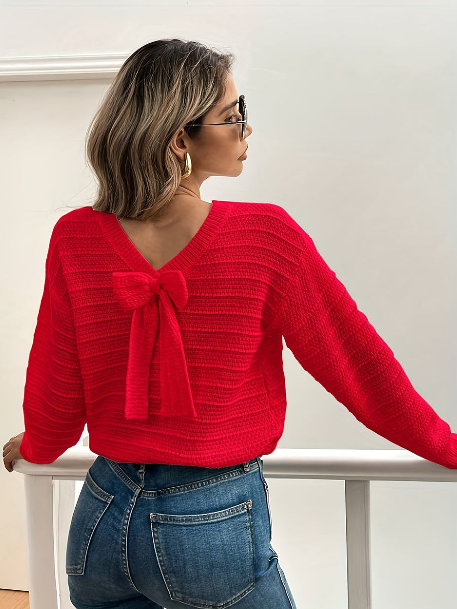 Oriana | Women's V Neck Sweater – Bow Detail Soft Knit Winter Pullover view 11
