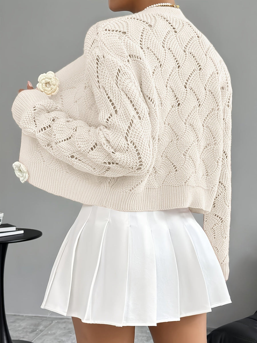 Heidi | Women's Winter Cardigan – Crochet Knit 3D Floral Buttons view 9