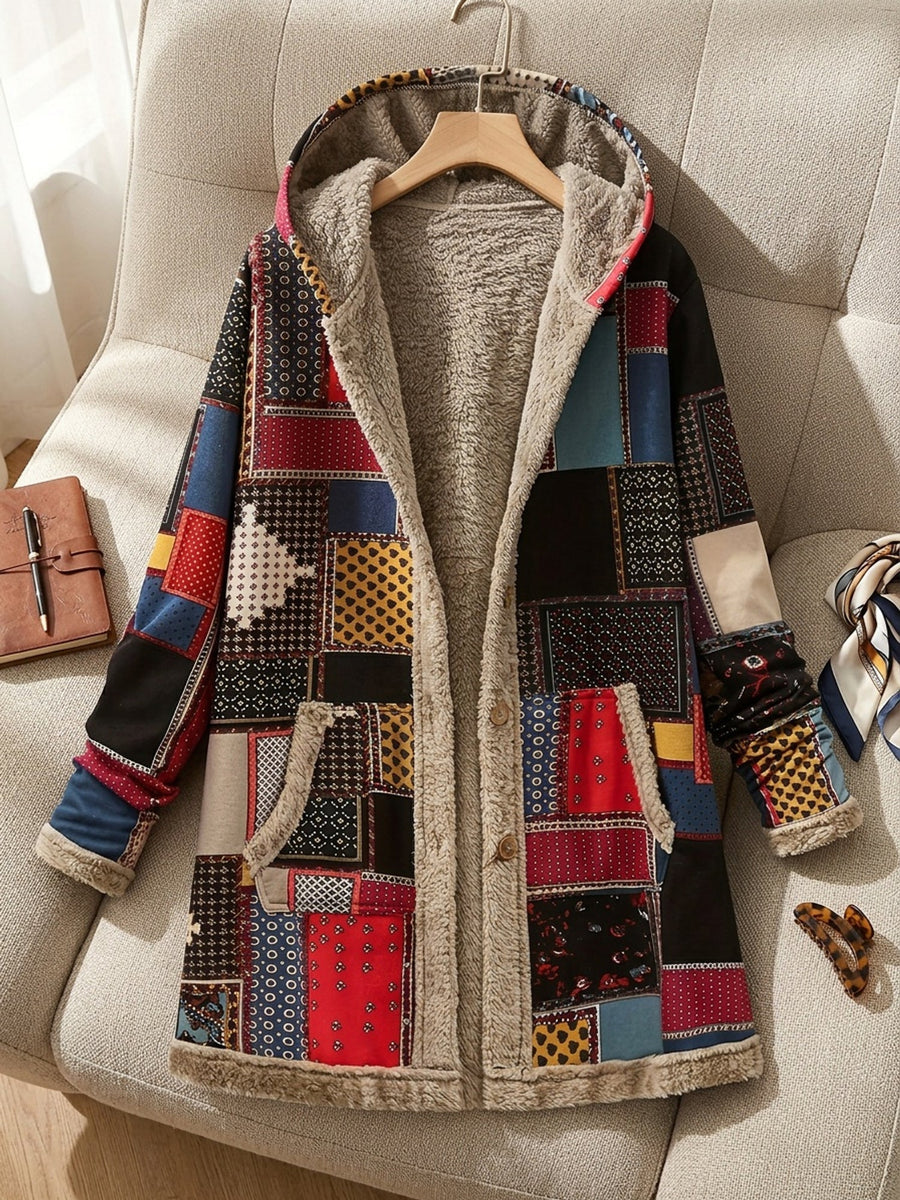 Iris | Women's Plush Lined Hooded Jacket – Patchwork Print Winter Coat view 5