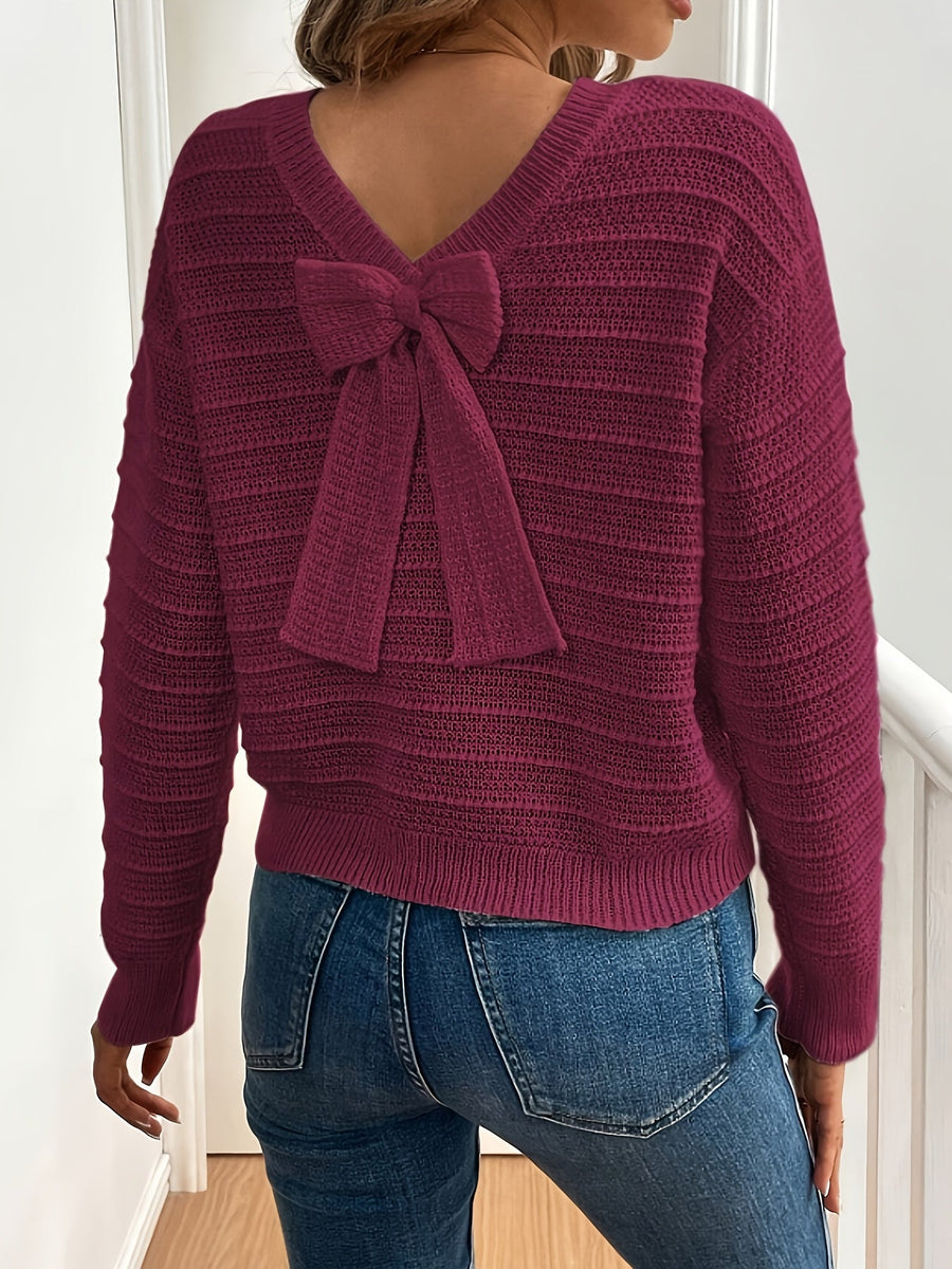 Oriana | Women's V Neck Sweater – Bow Detail Soft Knit Winter Pullover view 9