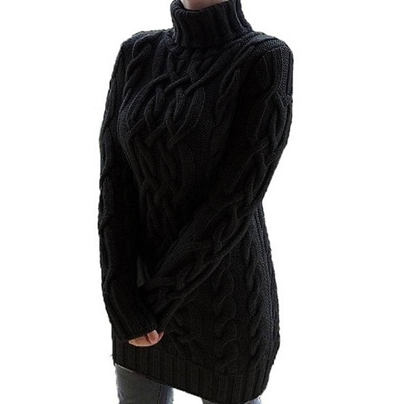 Thea | Women's Turtleneck Sweater Dress – Cable Knit Long Sleeve Midi Dress view 4