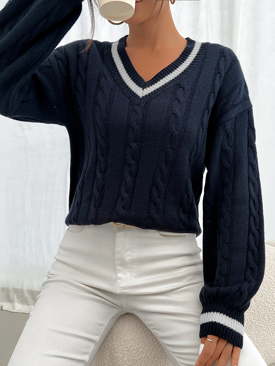Camryn | Women's V Neck Cable Knit Sweater – Classic Winter Pullover view 7