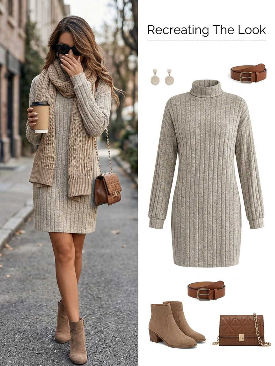 Florence | Women's Turtleneck Sweater Dress – Ribbed Knit Bodycon Midi Dress view 7