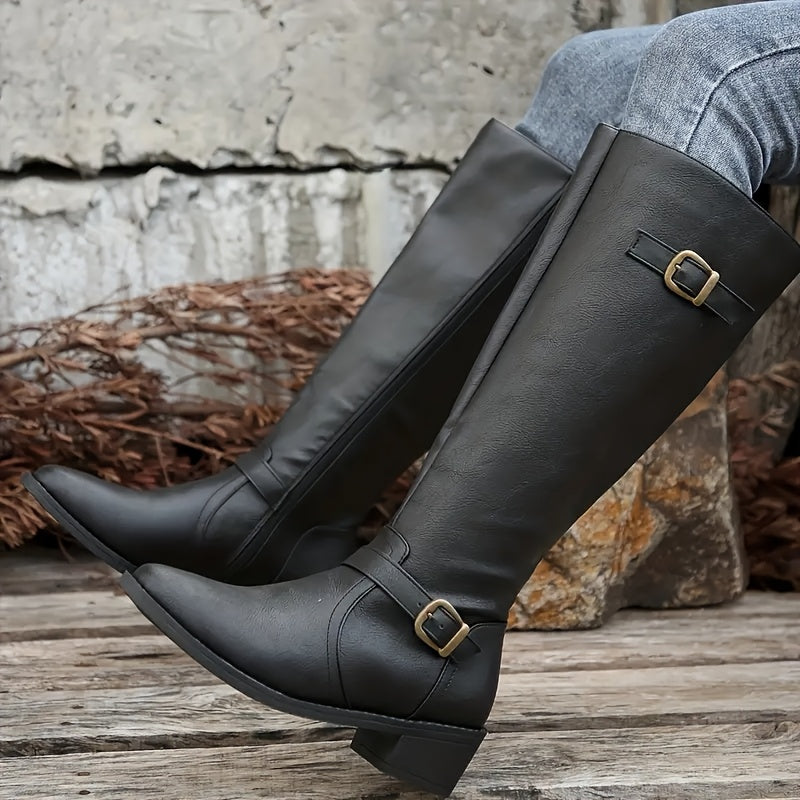 Miriam | Knee High Leather-Look Buckle Boots