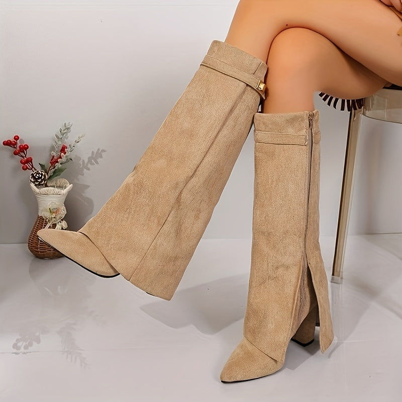 Ingrid | Knee High Suede-Look Block Heel Boots view 3