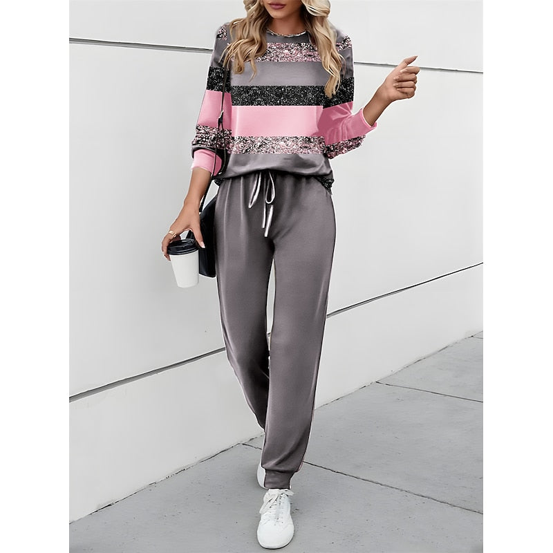 Sadie | Women's Two Piece Set – Color Block Top and Drawstring Pants Outfit view 1