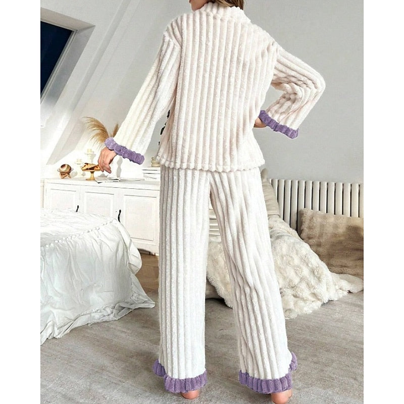 Winifred | Women's Plush Lounge Set – Ruffle Trim Two Piece Pajama Set view 8
