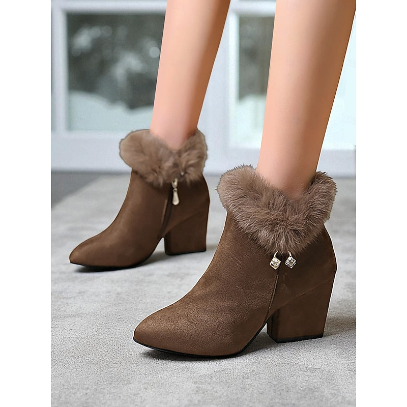 Claire | Women's Fur Trim Ankle Boots – Block Heel Winter Booties view 4