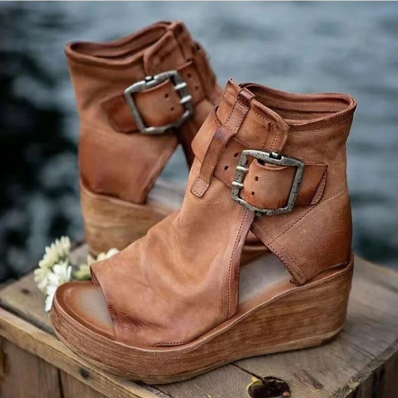 Rosa | Women's Ankle Boots – Wedge Open Toe Buckle