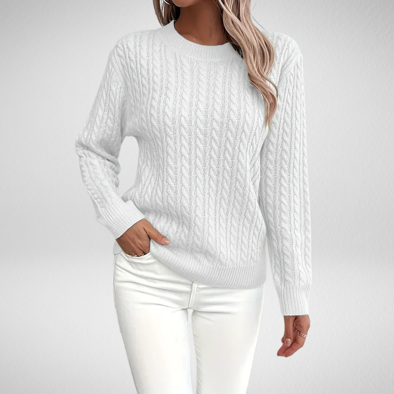 Ember | Women's Winter Sweater – Cable Knit Crew Neck, White