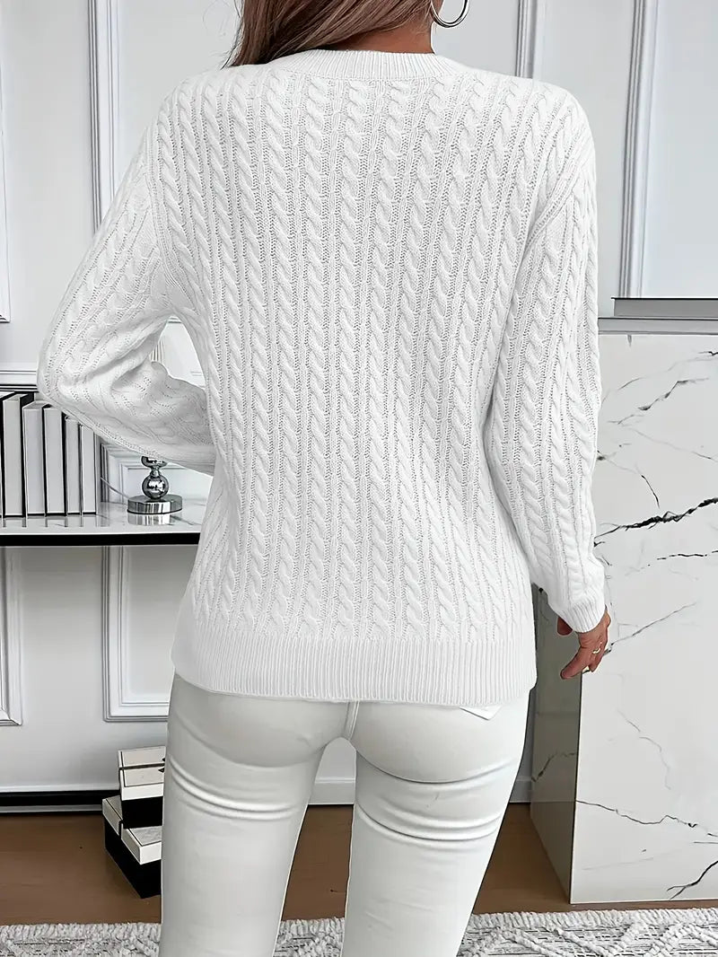 Ember | Women's Winter Sweater – Cable Knit Crew Neck, White view 11