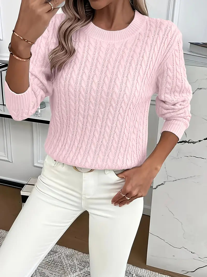 Ember | Women's Winter Sweater – Cable Knit Crew Neck, White view 12