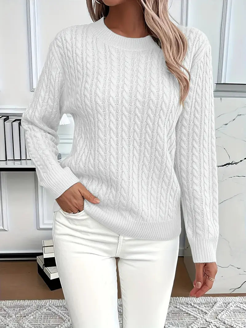Ember | Women's Winter Sweater – Cable Knit Crew Neck, White view 2
