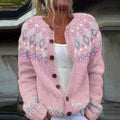 Lottie | Women's Winter Cardigan – Pink Fair Isle Knit, Wooden Buttons