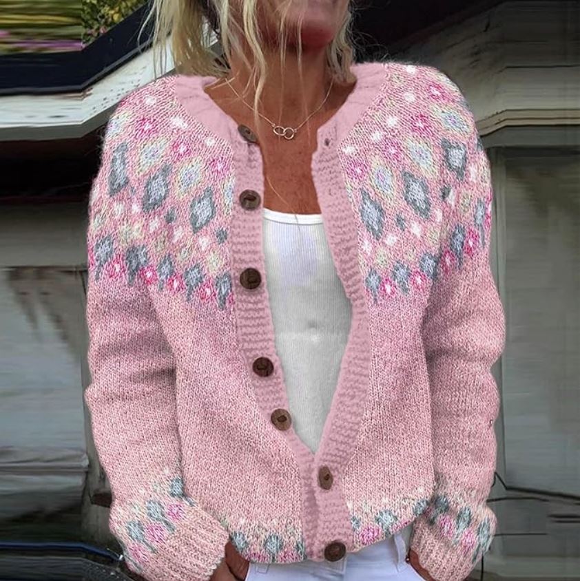 Lottie | Women's Winter Cardigan – Pink Fair Isle Knit, Wooden Buttons