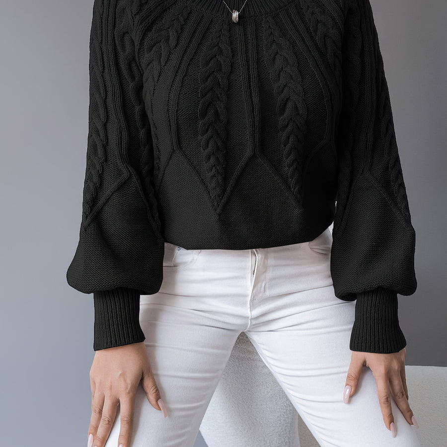 Elsie | Women's Cable Knit Sweater – Lantern Sleeve Textured Pullover view 17