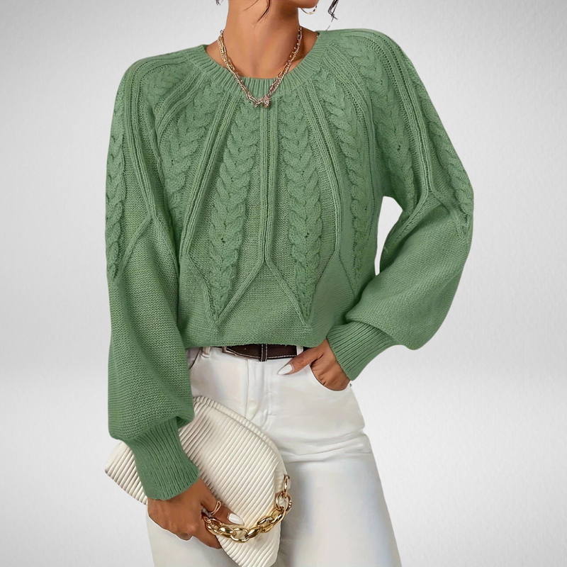 Joan | Women's Winter Sweater – Cable Knit Crew Neck, Light Green