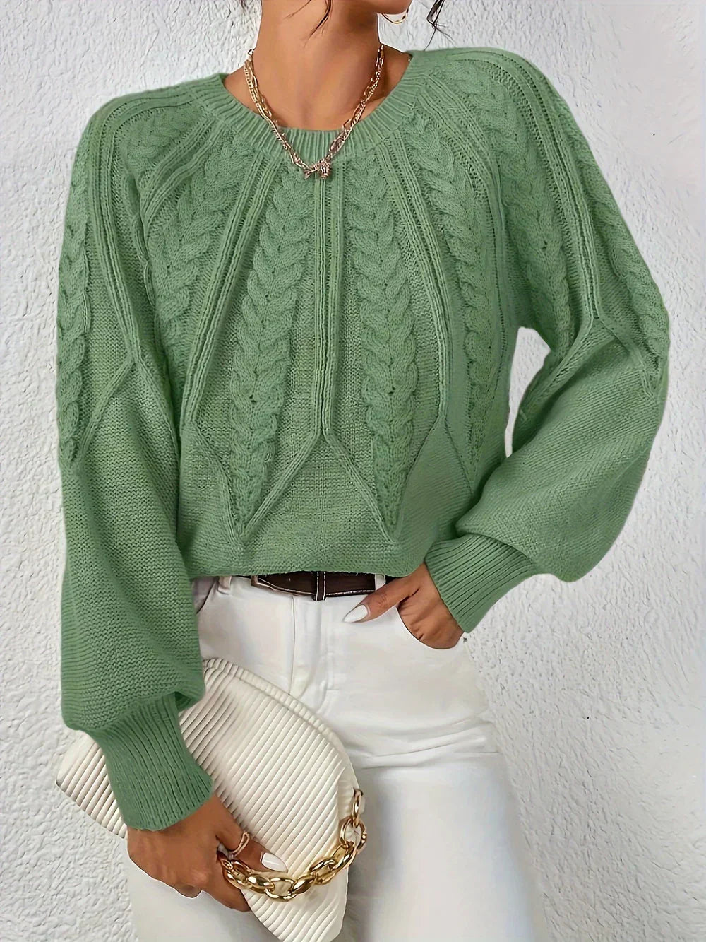 Joan | Women's Winter Sweater – Cable Knit Crew Neck, Light Green