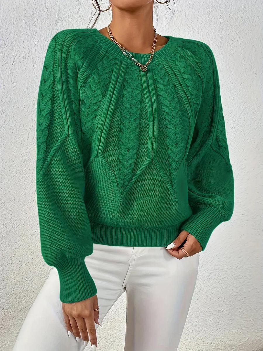 Joan | Women's Winter Sweater – Cable Knit Crew Neck, Light Green view 6