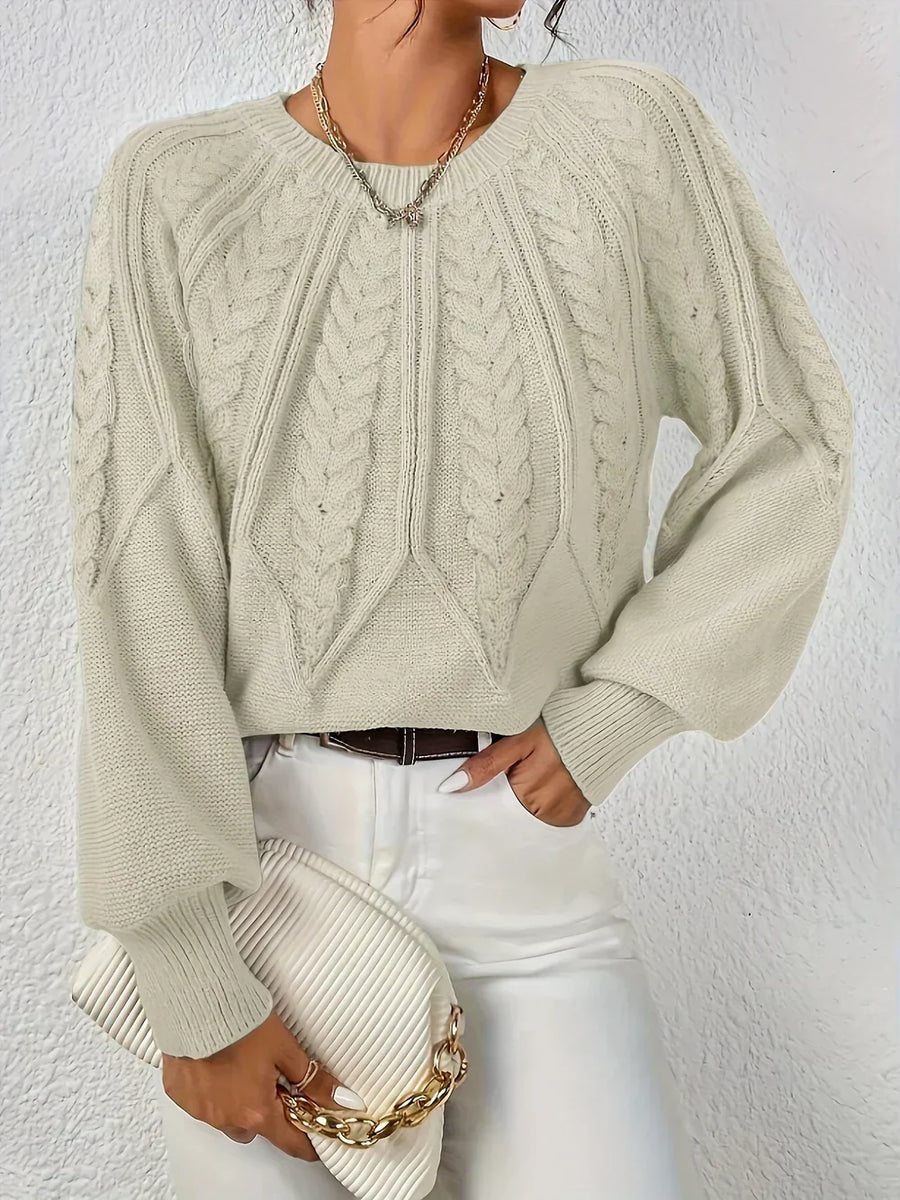 Joan | Women's Winter Sweater – Cable Knit Crew Neck, Light Green view 7
