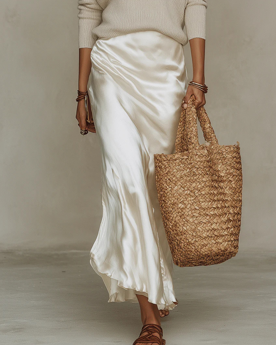 Cordelia | Midi Satin Wrap Skirt with Ribbed Knit V-Neck Sweater for Women view 10
