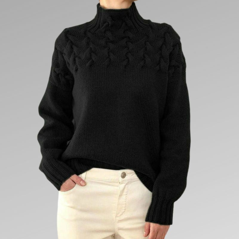 Frida | Women's Winter Sweater – Cable Knit Turtleneck, Black view 2
