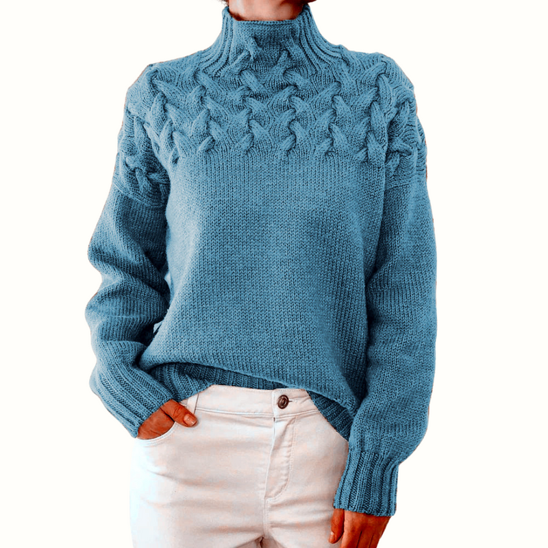 Estelle | Women's Winter Sweater – Cable Knit Turtleneck, Sky Blue