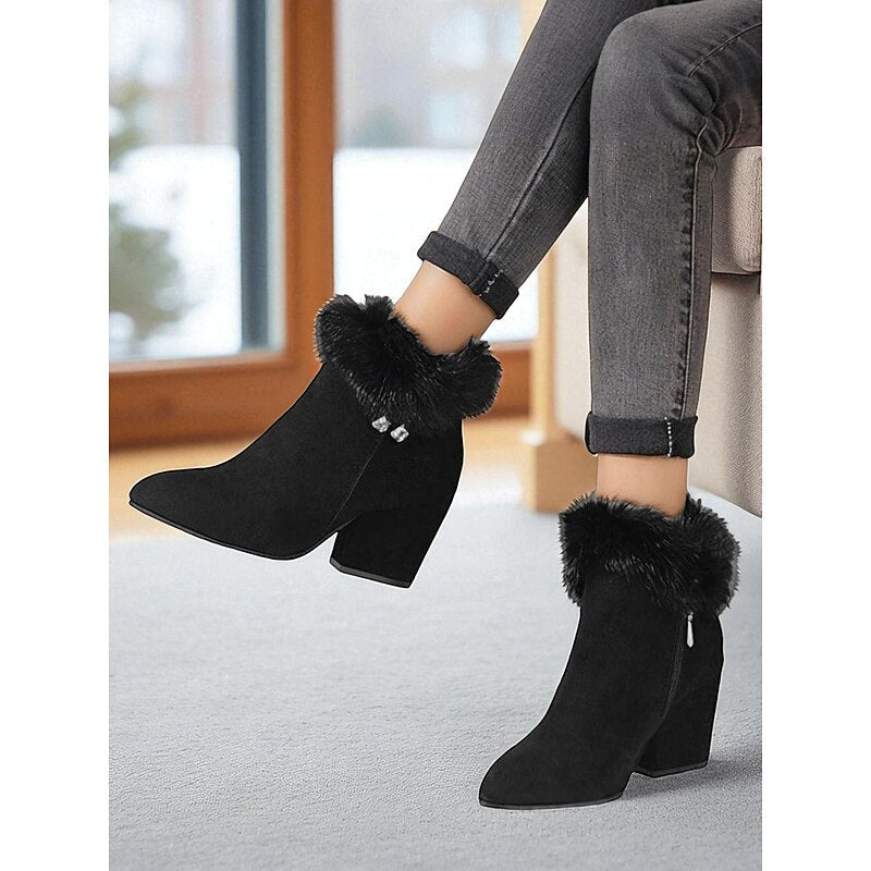 Claire | Women's Fur Trim Ankle Boots – Block Heel Winter Booties view 2