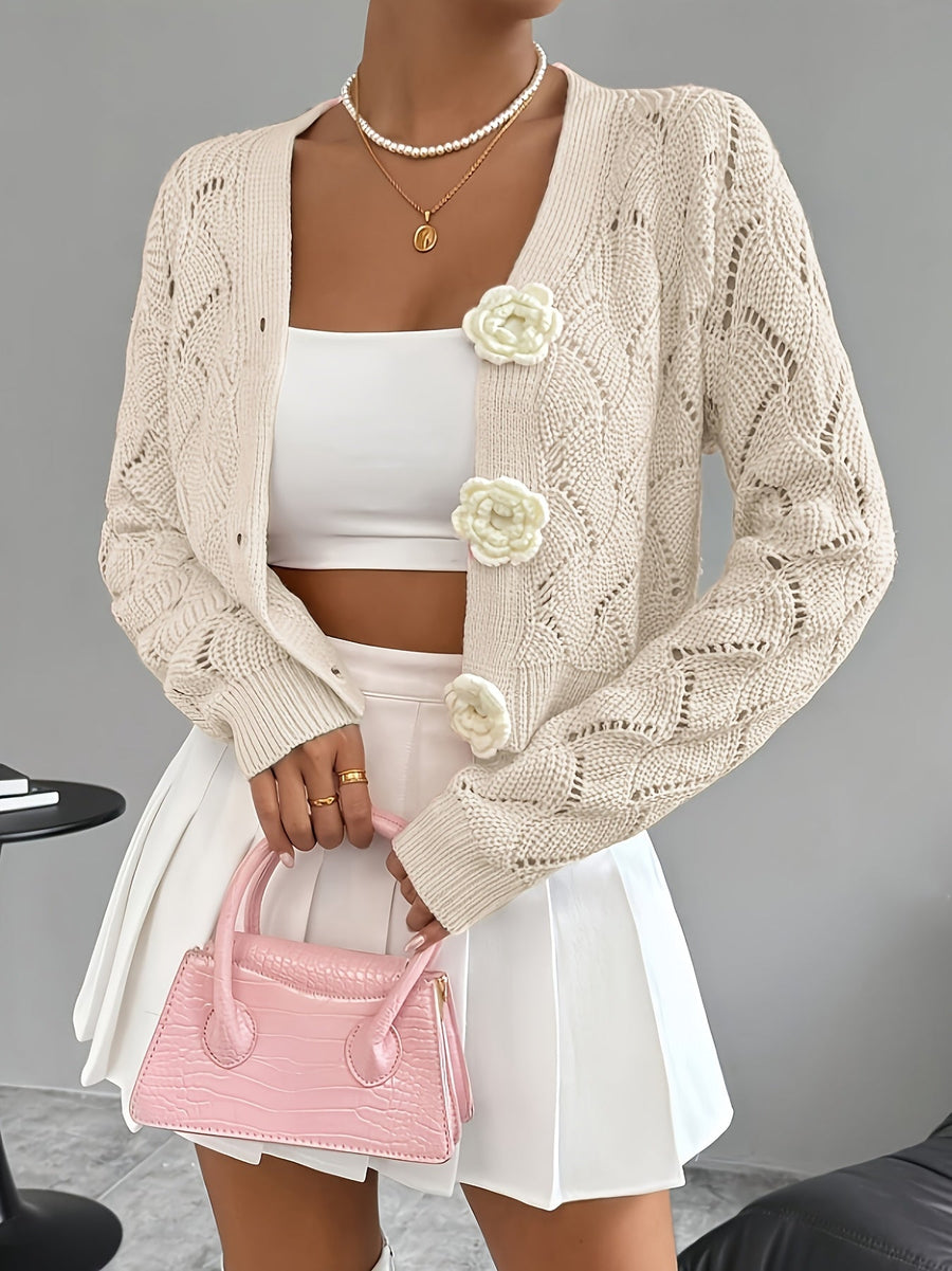 Heidi | Women's Winter Cardigan – Crochet Knit 3D Floral Buttons view 4
