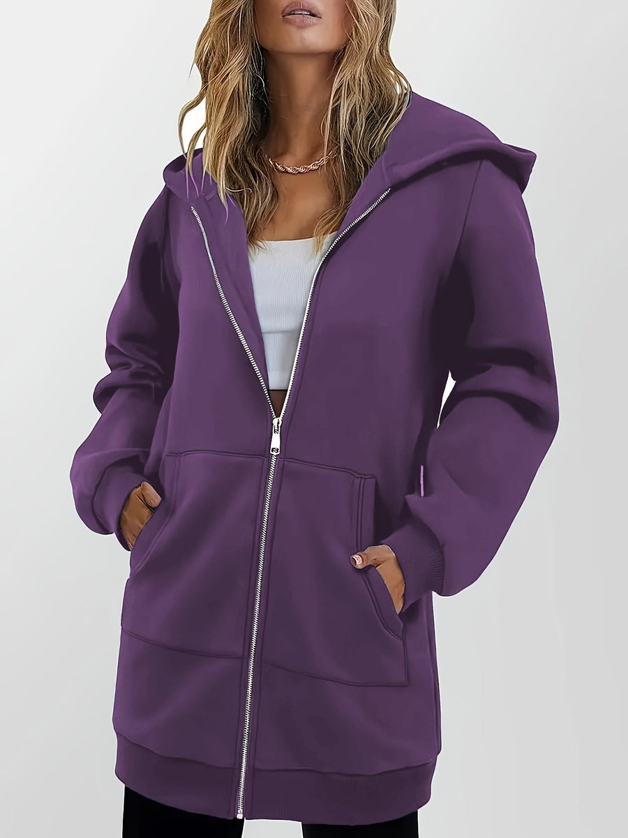 Heather | Women's Longline Zip Up Hoodie – Hooded Jacket Tunic Sweatshirt view 3